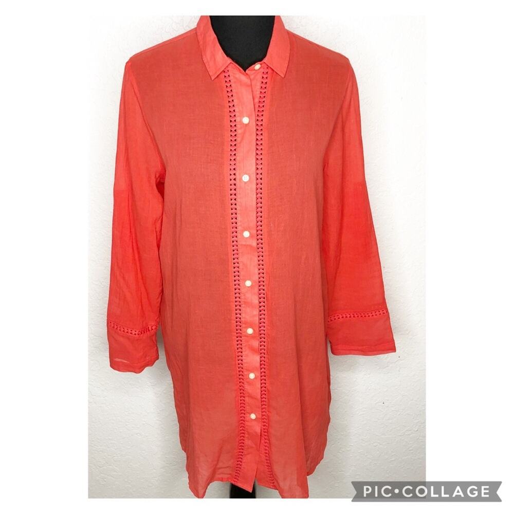 Draper James Lands End red orange sheer button shirt dress swim cover size Small
